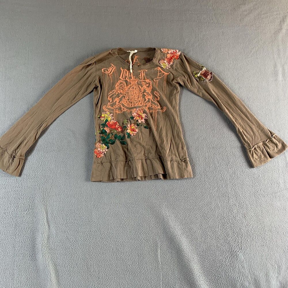 Johnny Was Los Angeles Shirt Womens XS Brown Floral Embroidered Bell Sleeve Boho